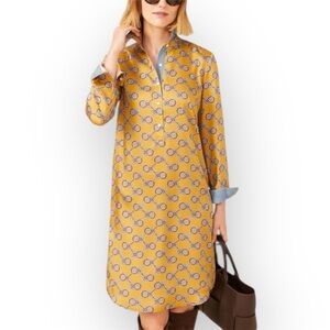 J McLaughlin Gold and Blue Heraldic Knot Print Amara Midi Shirt Dress Size XS